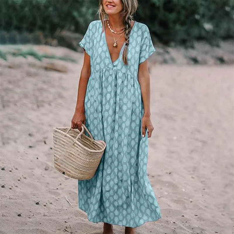 

Womens Boho Deep V Neck Polka Dots Floral Print Baggy Tunic Long Pleated Dress Loose Summer Beach Holiday Sundress 2021