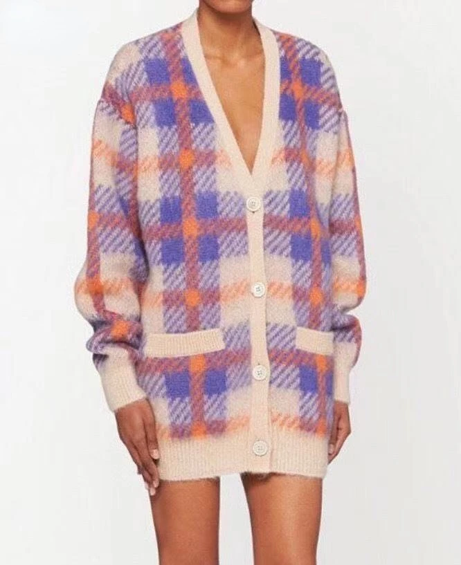 

Женский шерстяной вязаный кардиган, Классический брендовый шерстяной кардиган контрастной расцветки с V-образным вырезом и длинными рукав...