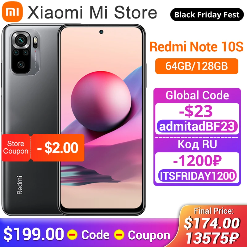  Смартфон Xiaomi Redmi Note 10S, глобальная версия дюйма, 64 ГБ/128 ГБ, Восьмиядерный процессор Helio G95, экран 64-мегапиксельная четырехъядерная камера…