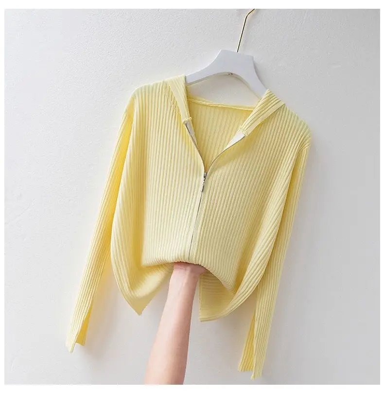 

Knitted ice silk cardigan women thin coat hooded zipper sunscreen coat female kint long sleeve cotton coats P3 503