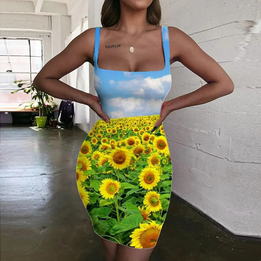 

Giyu Brand Sunflower Dresses Women Landscape Sundress Cloud Ladies Dresses Blue Sky Halter Sleeveless Womens Clothing