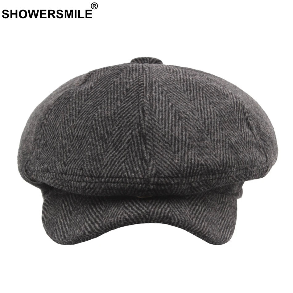 Восьмиугольный берет SHOWERSMILE плоские шапки в елочку мужская полосатая серая Кепка