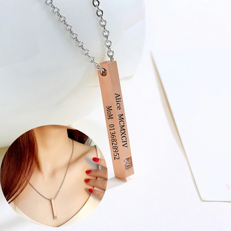 

Women Engraved Vertical Bar Necklace With Pink Zircon Stainless Steel 4 Sides Dainty Custom Name Personalized Bridesmaid Gifts