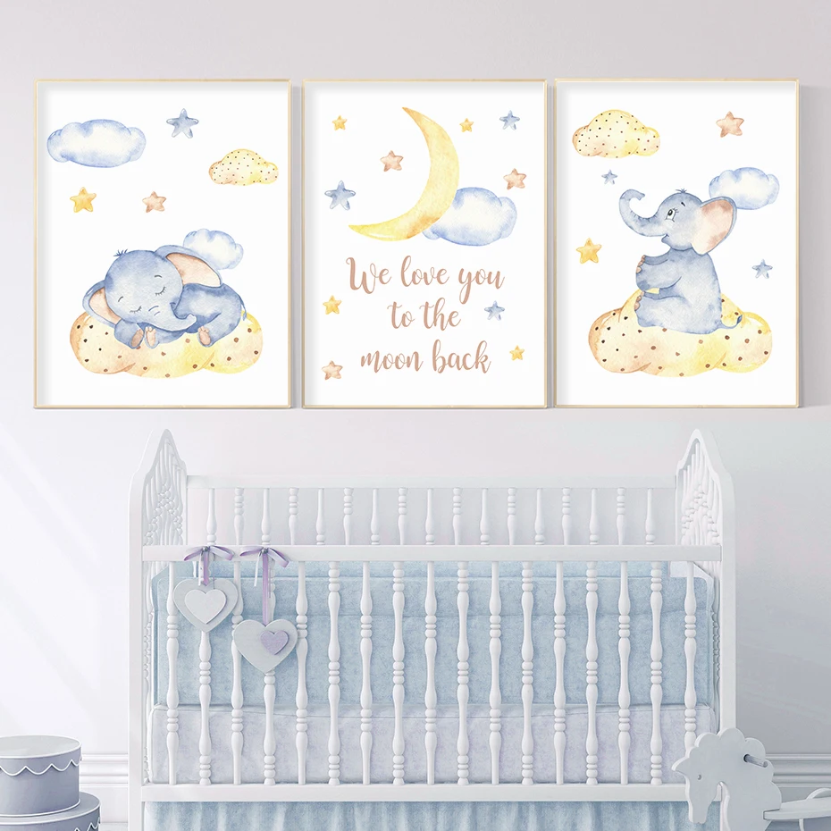 Милый слон золотая луна облако холст картина Детская стена художественные