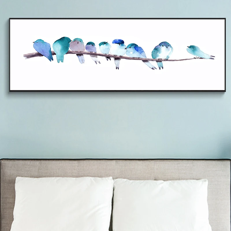 Акварельные животные синие птицы плакат минималистичное Искусство Холст