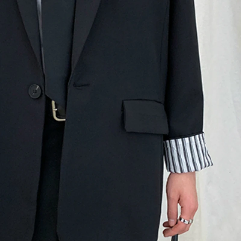 

Blazers Men Patch Designs Striped Single Button Korean Style Fashion Chic Mens Outwears Solid Simple All-match Loose Student New