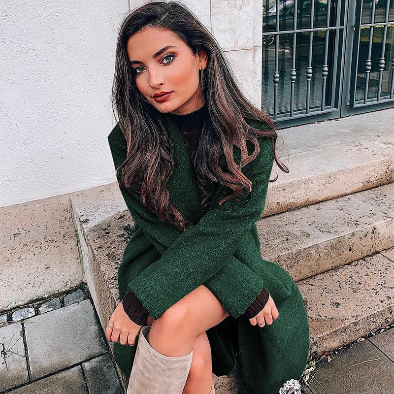 Осень-зима 2019 модное одноцветное шерстяное повседневное пальто женское теплое