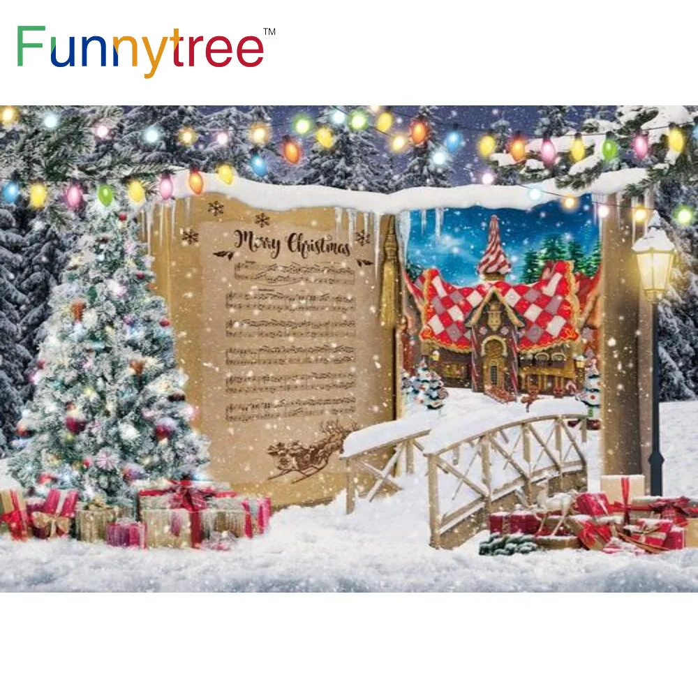 

Funnytree Merry Christmas Party Winter Snow Scenery Story Book Backdrop Gingerbread House Lights Trees Gifts Banner Background