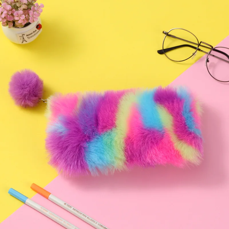 purple Чехол для карандашей Kawaii, коробка для ручек, лазерный плюшевый мяч, школьные принадлежности, канцелярские принадлежности, радужные сумки для макияжа, для хранения, инструменты для студентов, подарок - Цвет: purple