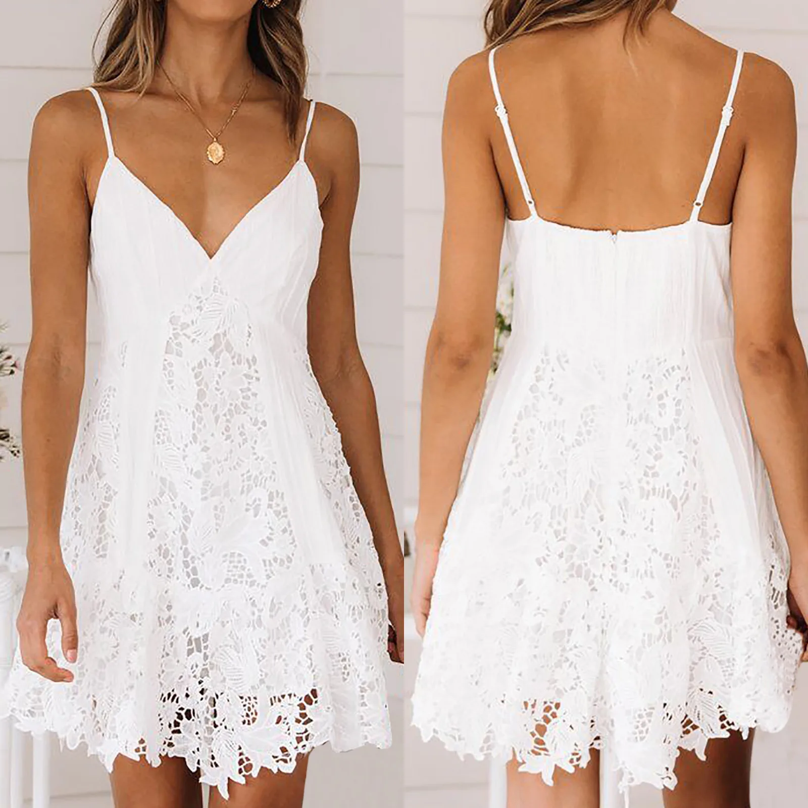 

Women Summer Strap Dress 2021 Fashion V-Neck Solid Sleeveless Lace Loose Knee-Length Casual Sexy Dress сарафаны женские летние