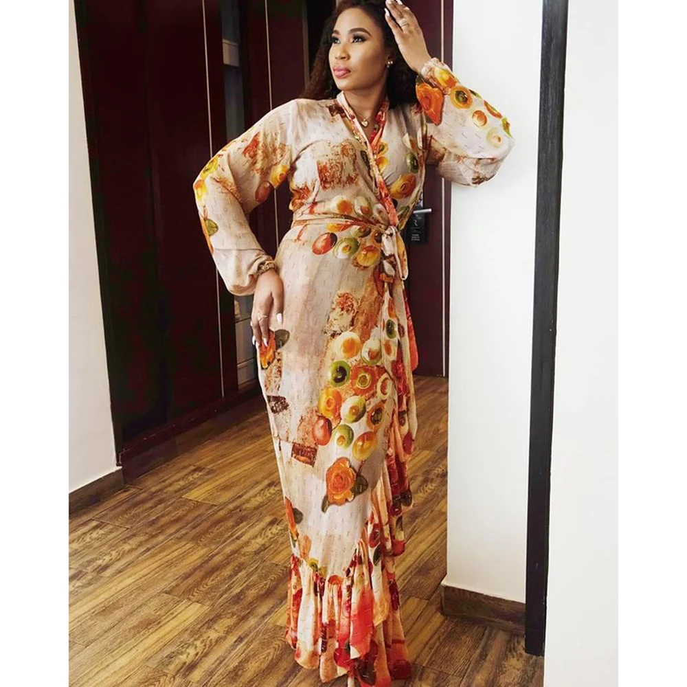 

African Dresses Women New Arrival Sexy V-collar Long Sleeve Slit Dress Female Fashion With Sashes Floral Print Patchwork Vestido