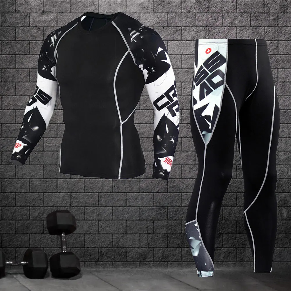 Мужской спортивный компрессионный комплект для бега футболка + обтягивающие