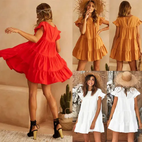 

New Fashion Hot Popular Womens Summer Short Sleeve Mini Tank Dress Ladies Loose Pure Color Sundress Casual Beach Sundress