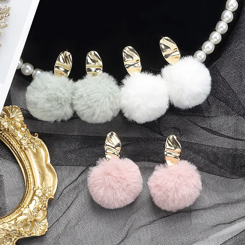 3cm Faux Rabbit Fur Pendent Pompom ball Stud Earrings Metal earring for Girl Jewelry | Украшения и аксессуары