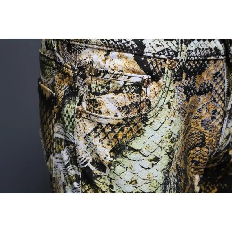 Idopy 2020 New Mens Snakeskin Printed Jeans Slim Fit Skinny Night Club Punk Cool DJ Trousers Pants Slacks For Male Plus Size | Мужская