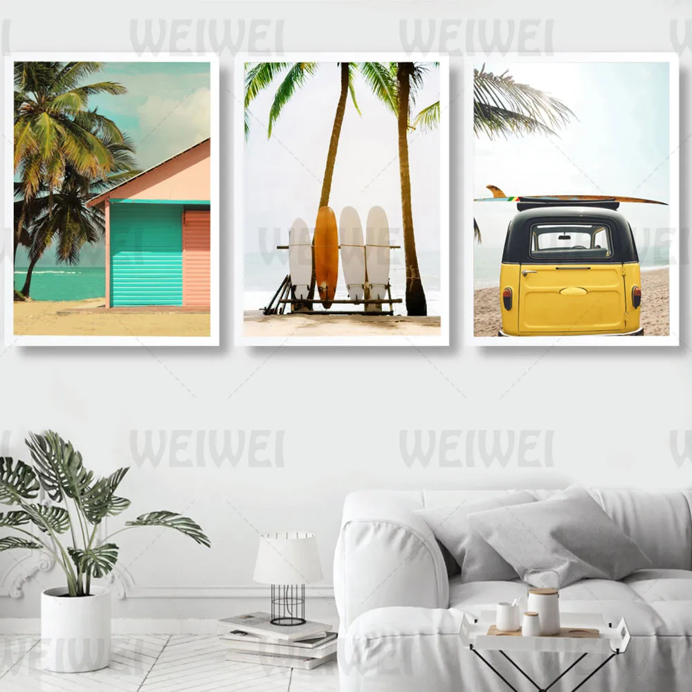 

Seaside Landscape Home Decoration Painting Coconut Tree Surfboard Umbrellas Living Room Wall Canvas Poster Travel Vehicle Prints