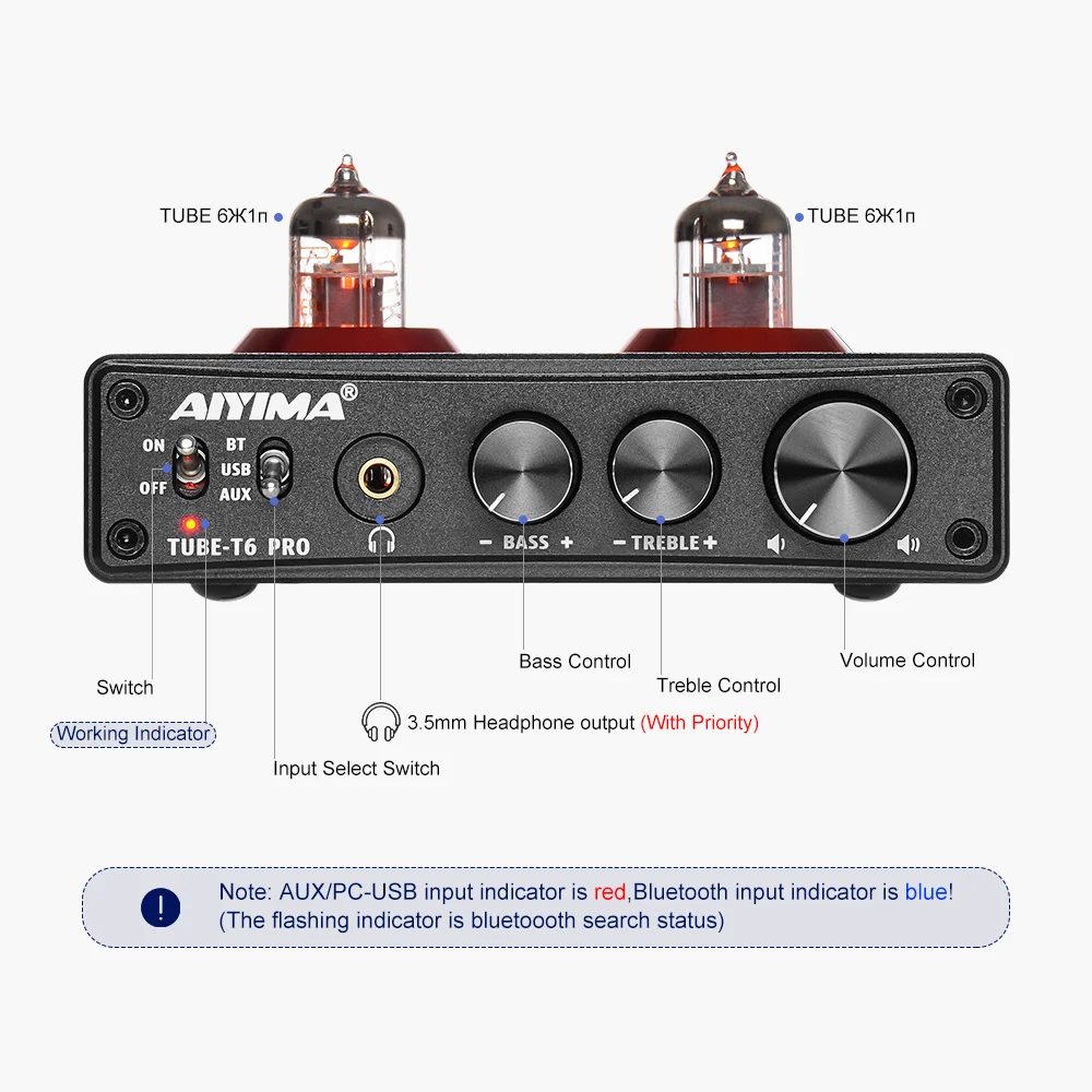 AIYIMA HiFi T6 PRO ламповый предусилитель усилитель для наушников DAC JAN5725 Bluetooth QCC3008 USB 24