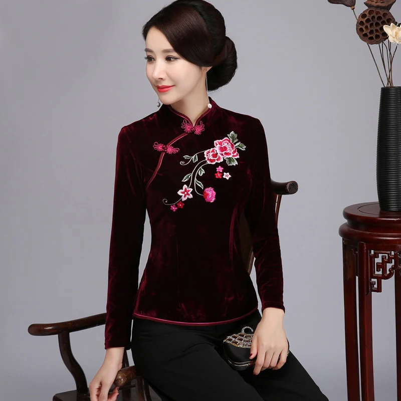 Женская винтажная велюровая блузка с цветочной вышивкой и воротником