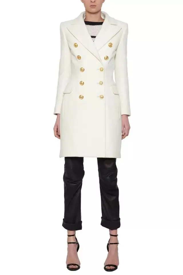 Зимнее шерстяное платье белого цвета длинное двубортное пальто с лацканами