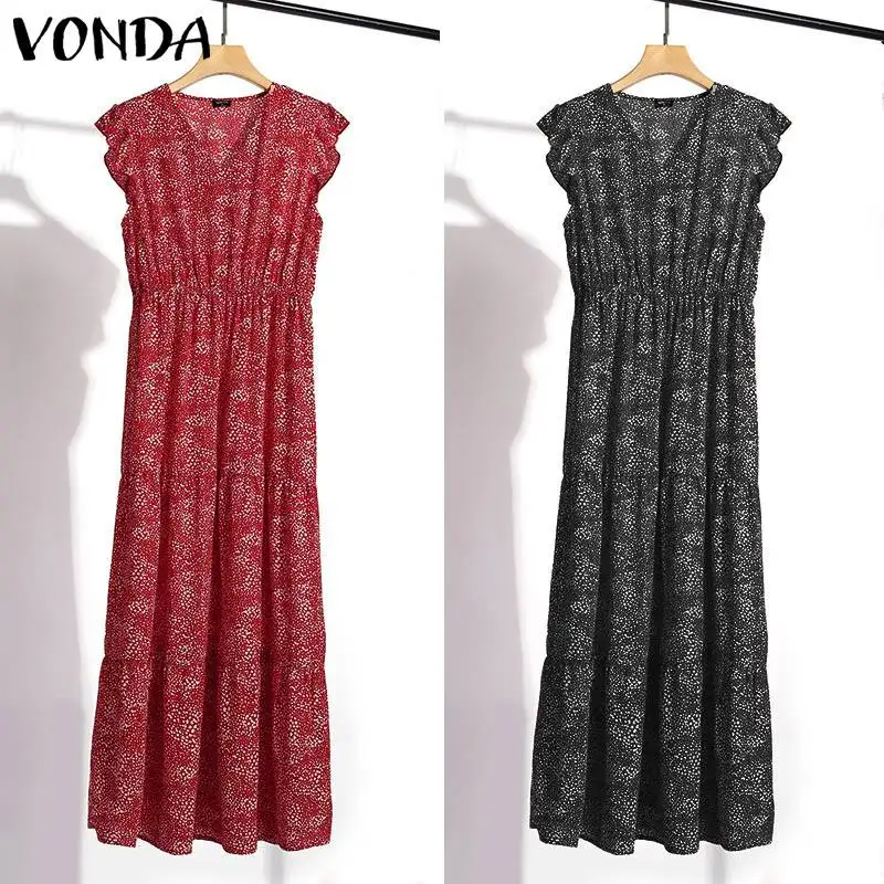 VONDA Bohemian Summer Dress 2022 Sexy V Neck Sleeveless Vintage Floral Printed Long Maxi Dresses Beach Holiday Vestido | Женская одежда