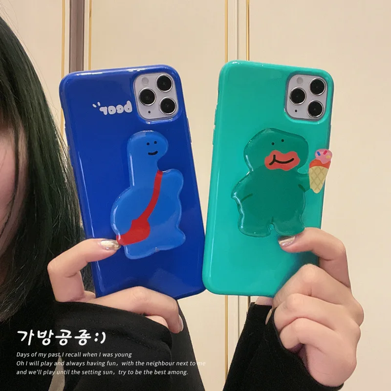 

Cute Cartoon Dinosaur Bracket Korean Phone Case For iPhone 12 11 Pro Max X Xs Max Xr 7 8 Puls SE 2020 Cases Soft Silicone Cover