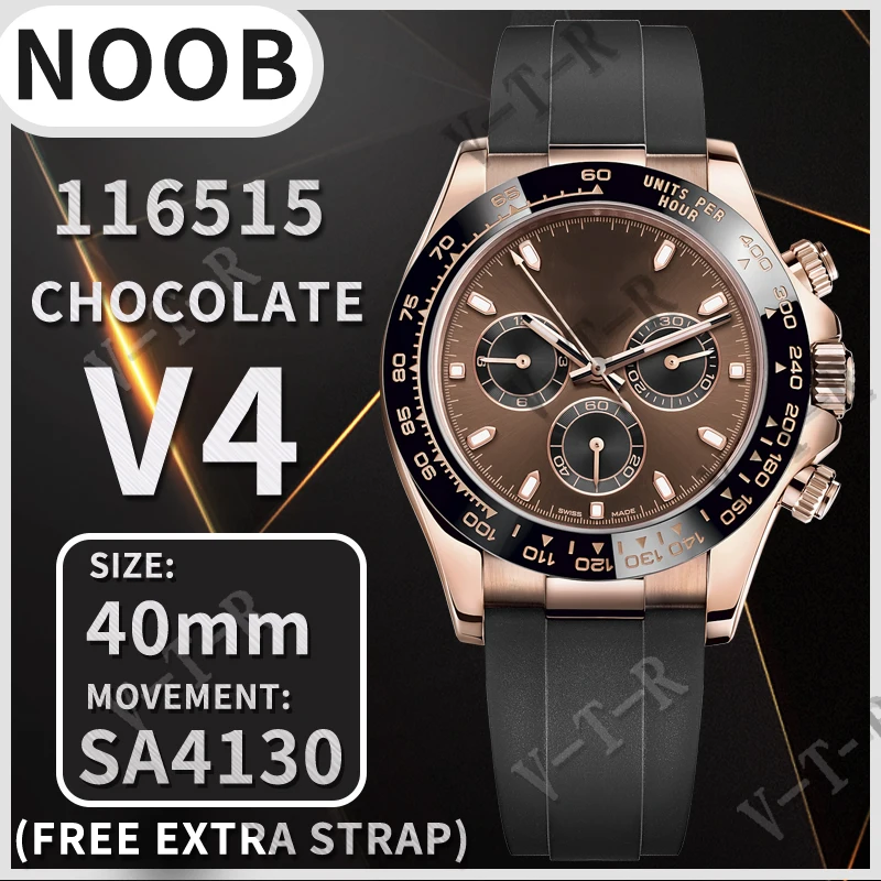 

Men's Mechanical Watch 40MM Daytona 116515 Noob 1:1 Best Edition Chocolate Dial 18K rose gold Black Rubber Strap SA4130 V401
