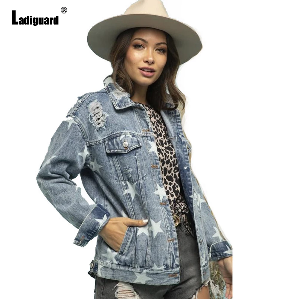 

Ladiguard 2023 Single Breasted Demin Jackets Vintage Jean Coats Women Street Tops Outerwear Fashion Star Print Denim Jacket