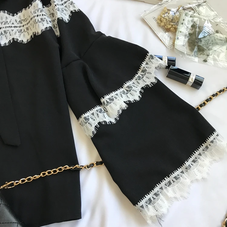 Осенняя и зимняя кружевная Повседневная рубашка с длинными расклешенными