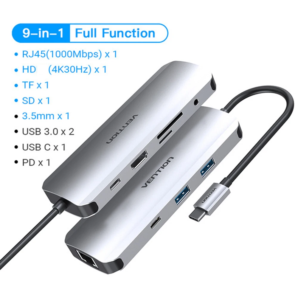 

USB-концентратор VENTION 3,0, 4K, VGA, PD, 100 Вт, RJ45, 3,5 мм