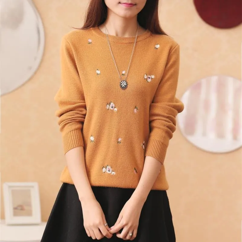 Осенний Женский Повседневный свитер с вышивкой вязаный зимний женский и пуловер
