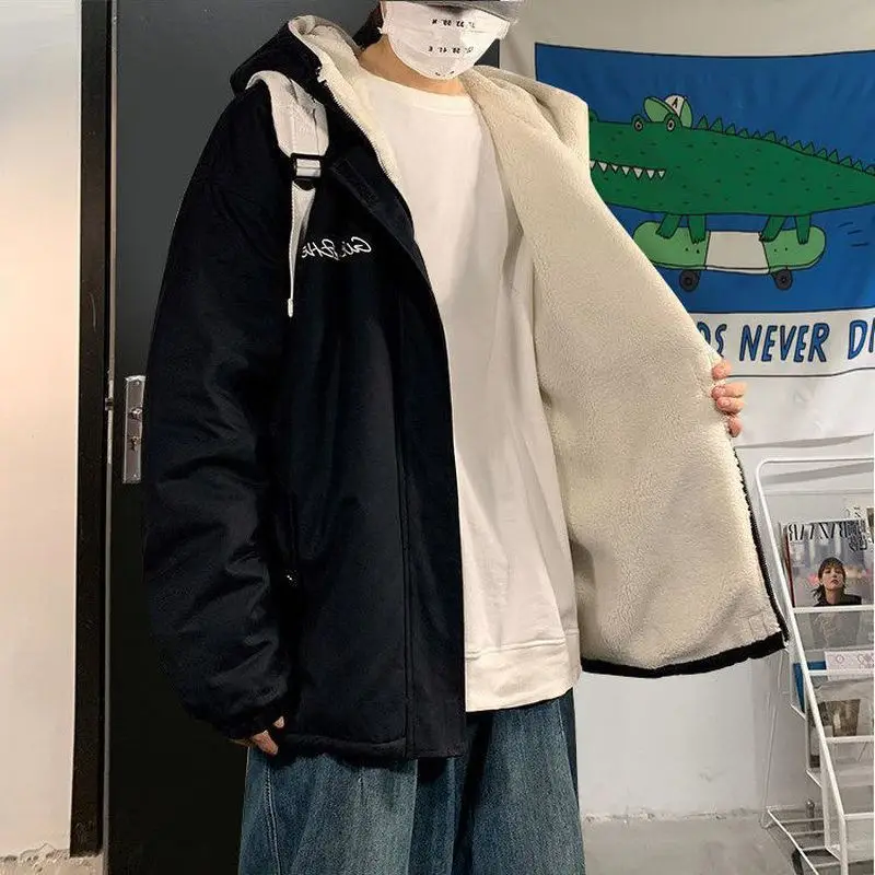 

Padded Coat Men Women Fashion 2021 Autumn Winter New Plus Velvet Hong Kong-style Student Imitation Lamb Oversized Jacket Clothes
