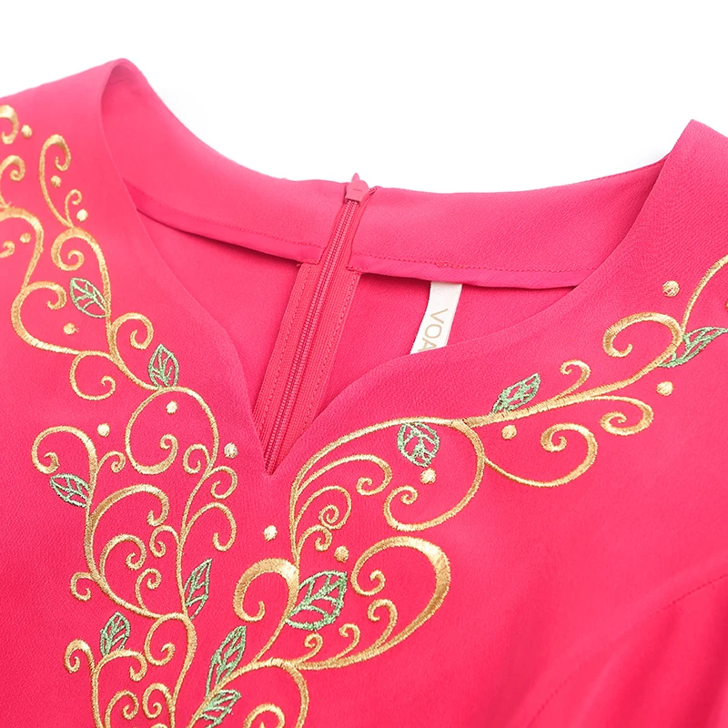 VOA 2018 Spring Summer New Vintage Chinese Style Embroidery Print Slim Dress Red Heavy Silk Plus Size Women Midi A7578 | Женская одежда