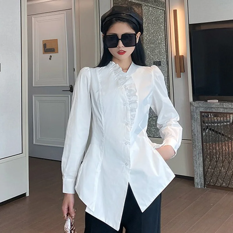 

LANMREM Women White Ruffles Irregular Blouse Lapel Long Sleeve Loose Fit Lady Shirt Fashion Tide Summer 2021 New Arrivals 2E1957