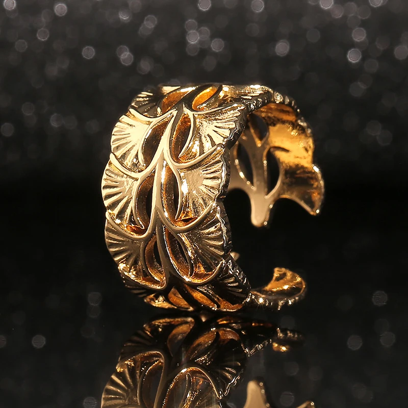 

Ginkgo Leaf Rings Women's Vintage Simple Boho Adjustable Aesthetic Gold Color Open Hollow Maple Ring Party Jewelry Accessories