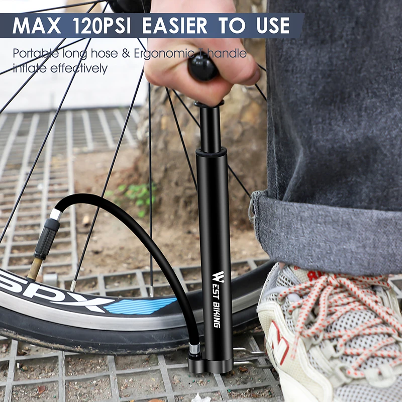 

WEST BIKING 120 PSI MTB Road Bicycle Pump Long Hose Cycling Air Inflator Schrader Presta Valve MTB Road Bike Tire Alloy Pump