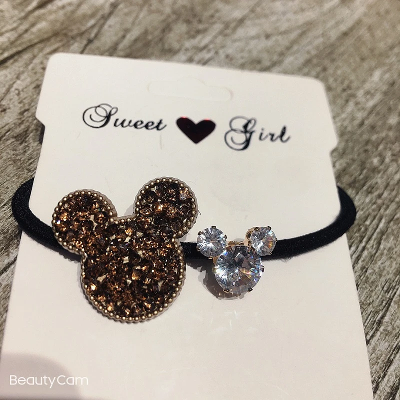 Disney Mickey Head Rope Korean Luxury High Quality Rhinestone Crystal Rubber Band Hair Tie Fairy Ring Doll Accessories Girl |
