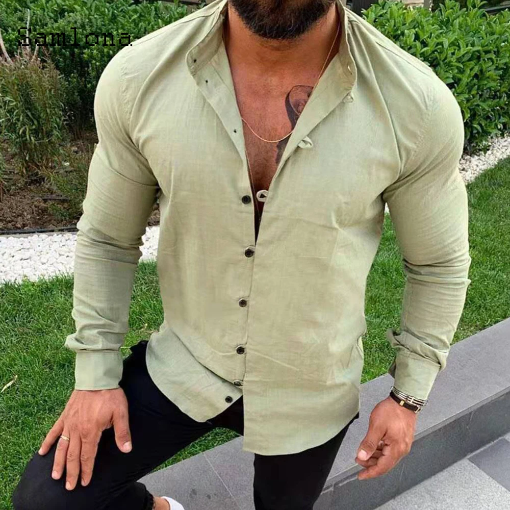 

Fashion Tops Long Sleeve Blouses Men clothing Summer Casual Top Thin Solid Color Button Up blusas shirt green black