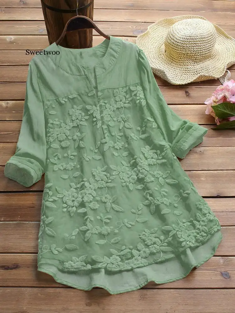 Cotton Linen Tops Women Blouse Elegant V Neck Long Sleeve Shirt Casual Autumn Lace Shirts Vintage Embroidery Blusas