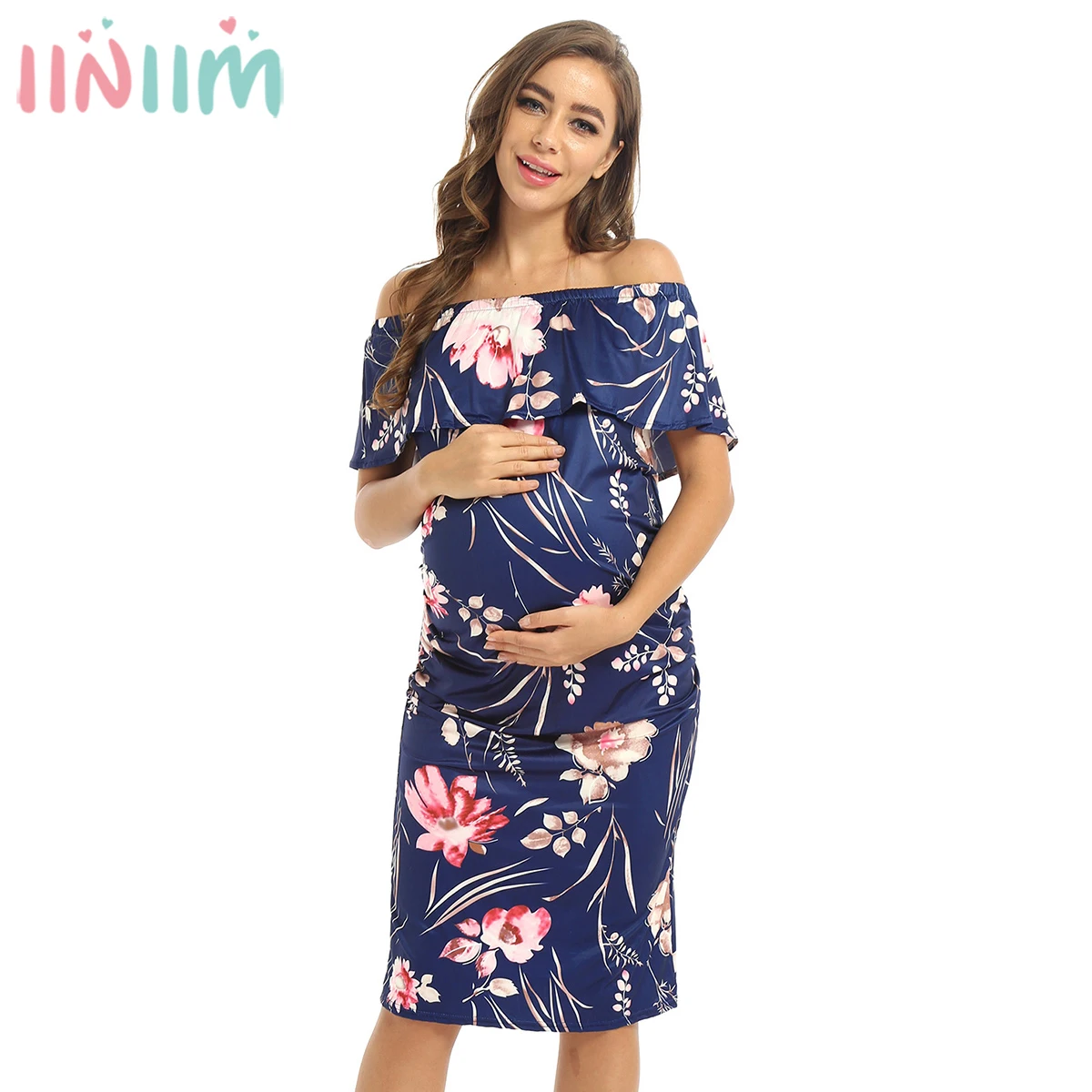 

Maternity Dresses Elegant Pregnancy Casual Stretchy Ruched Sides Floral Printed Ruffles Off Shoulder Bodycon Dress For Pregnant