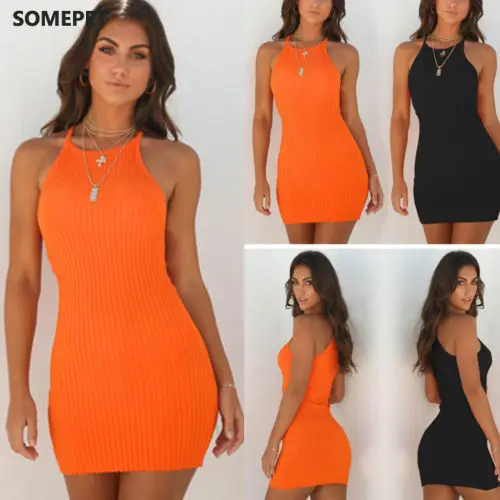 

New Women's Ladies Dresses Sexy Summer Sleeveless Tank Slim Mini Short Knitted Bodycon SunDress Orange Black