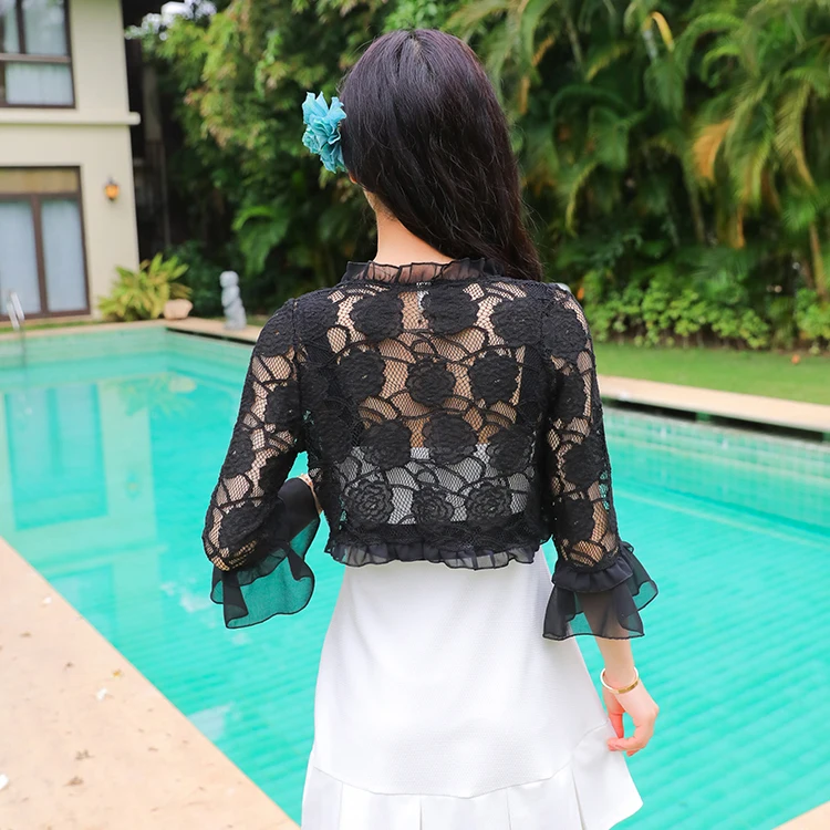 

2020 New Women Ruffles Small Shawl Lace Flower Short Cardigan Boleros Hollow Out Jacket Female Flare Sleeve Thin Cardigan A75