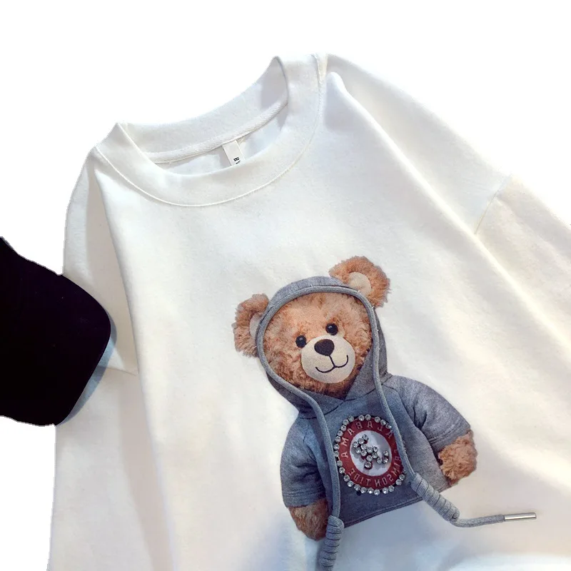 

Thicked Nail Bead 3D Short Sleeve T-shirt for Women 2021 Loose T-shirt Spring Summer Bear Korean Version Top Woman Tshirts