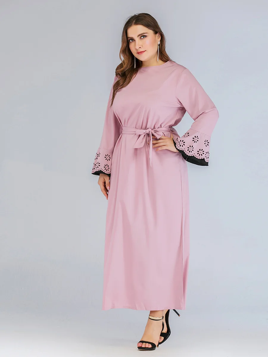New spring autumn plus size long dress for women large loose casual sleeve elegant O neck dresses belt pink 4XL 5XL 6XL 7XL | Женская