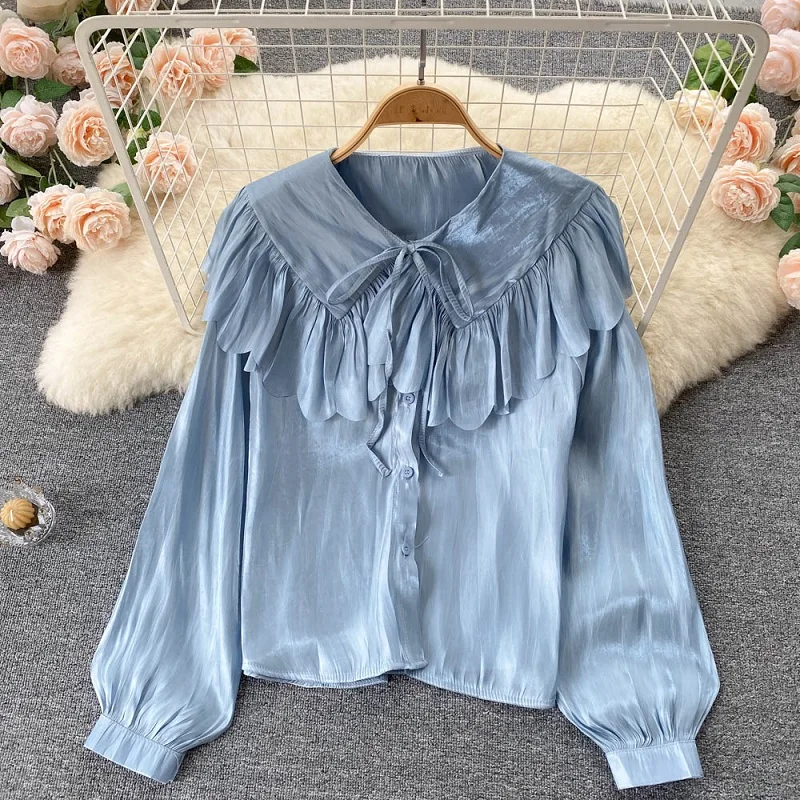 

Французская кружевная блузка в стиле ретро с листьями лотоса, женская блузка со снижением возраста и рукавами-пузырями, свободная рубашка ...