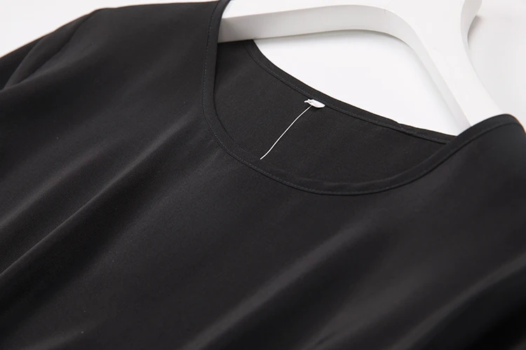 Женское длинное однотонное черное платье из 100% чистого шелка с круглым вырезом и