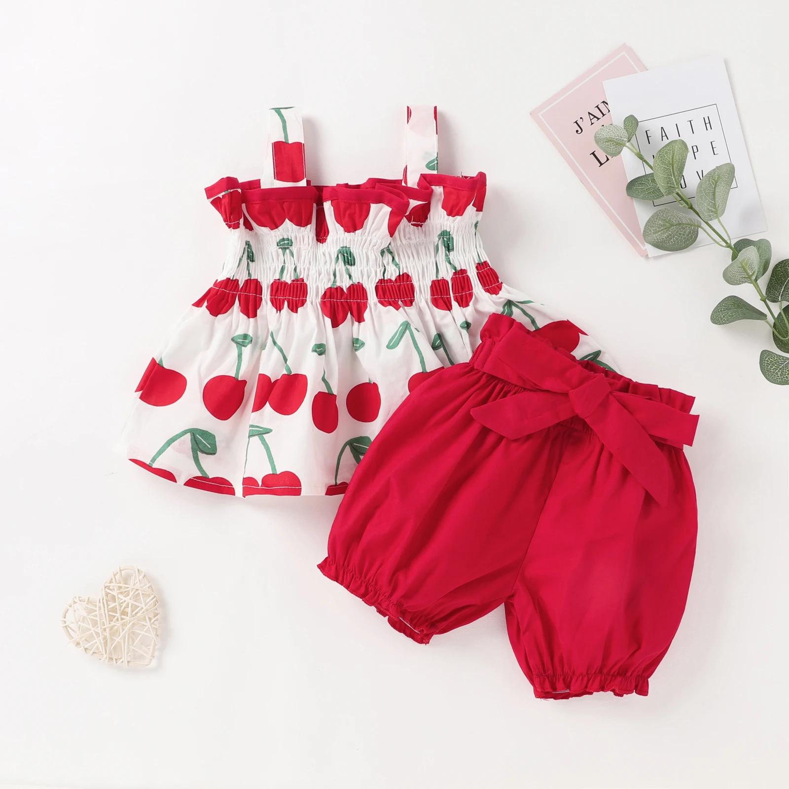 

Summer Baby Girls Two-piece Clothes Set Cherries Printed Pattern Boat Neck Folds Ruffle Camisole and Shorts Outfit