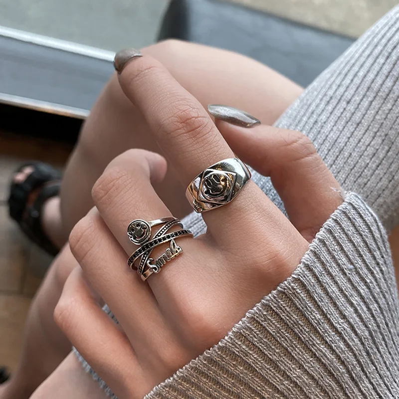 

CDJAIME 2021 Trendy Rings For Teen Girls Vintage Smiley Face Design Adjustable Open Metal Ring Fashion Jewelry Gifts Accessories