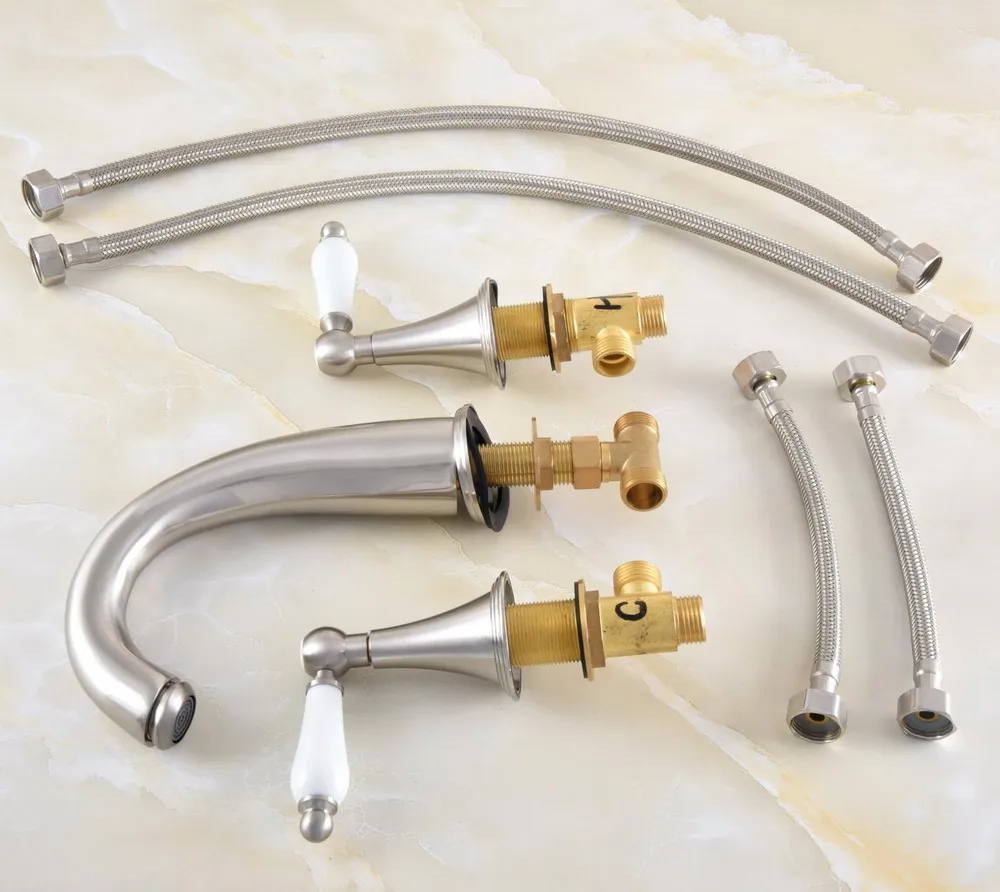 

Brushed Nickel Brass Deck Mounted Dual Handles Widespread Bathroom 3 Holes Basin Faucet Mixer Water Taps mnf680
