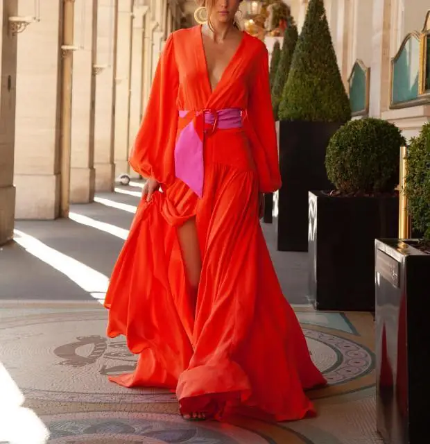 Женское шифоновое макси-платье в стиле бохо летнее платье с длинным рукавом и