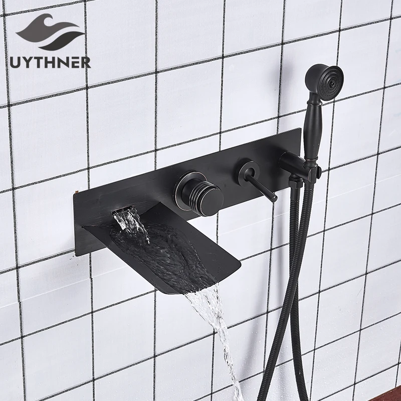 Фото Fashion Style Black Bronze Bathtub Faucet Mixer Tap With Hand Shower Sprayer Watelfall Spout Hot and Cold Water Обустройство дома Fashion Style Black Bronze Bathtub Faucet Mixer Tap With Hand Shower Sprayer Watelfall Spout Hot and Cold Water Обустройство дома